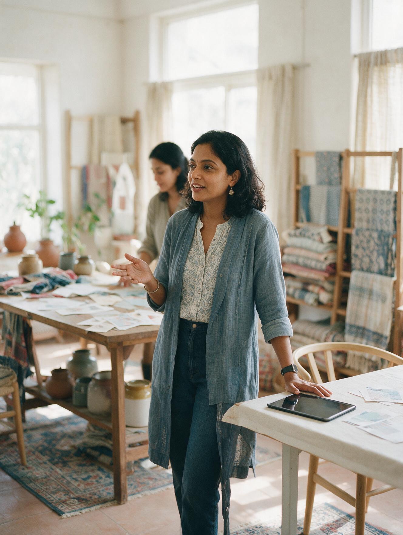 A business owner talking with a colleague in her textile workshop and showroom