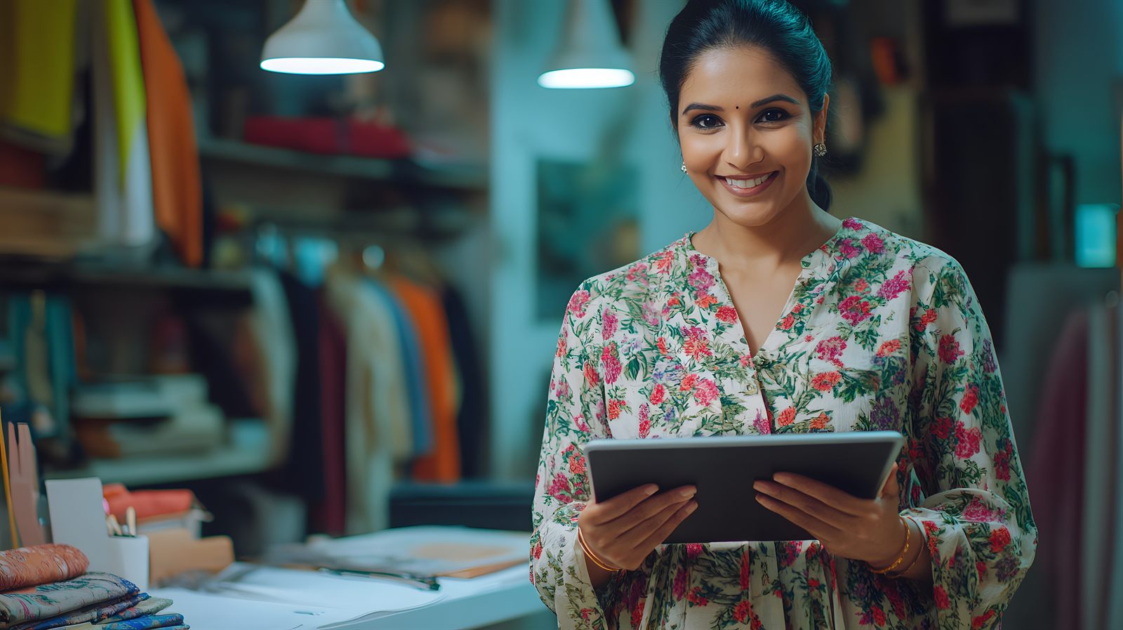 A business owner working through paperwork at her shop