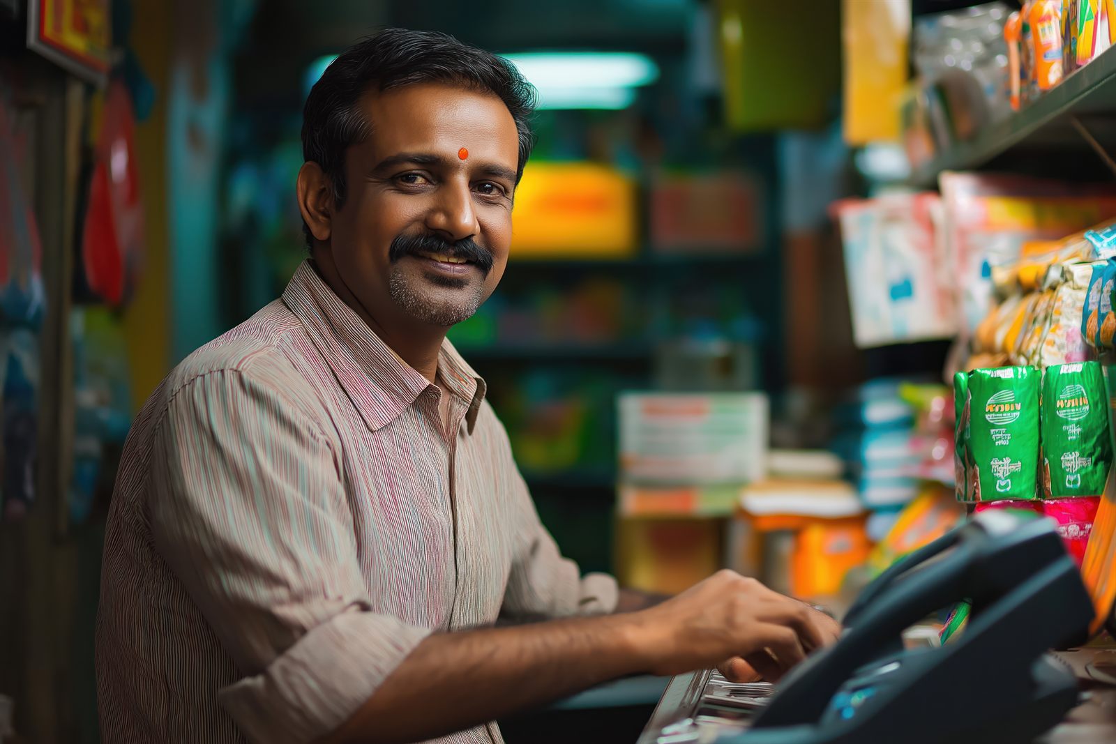 A grocer at the counter of his small kirana store in India