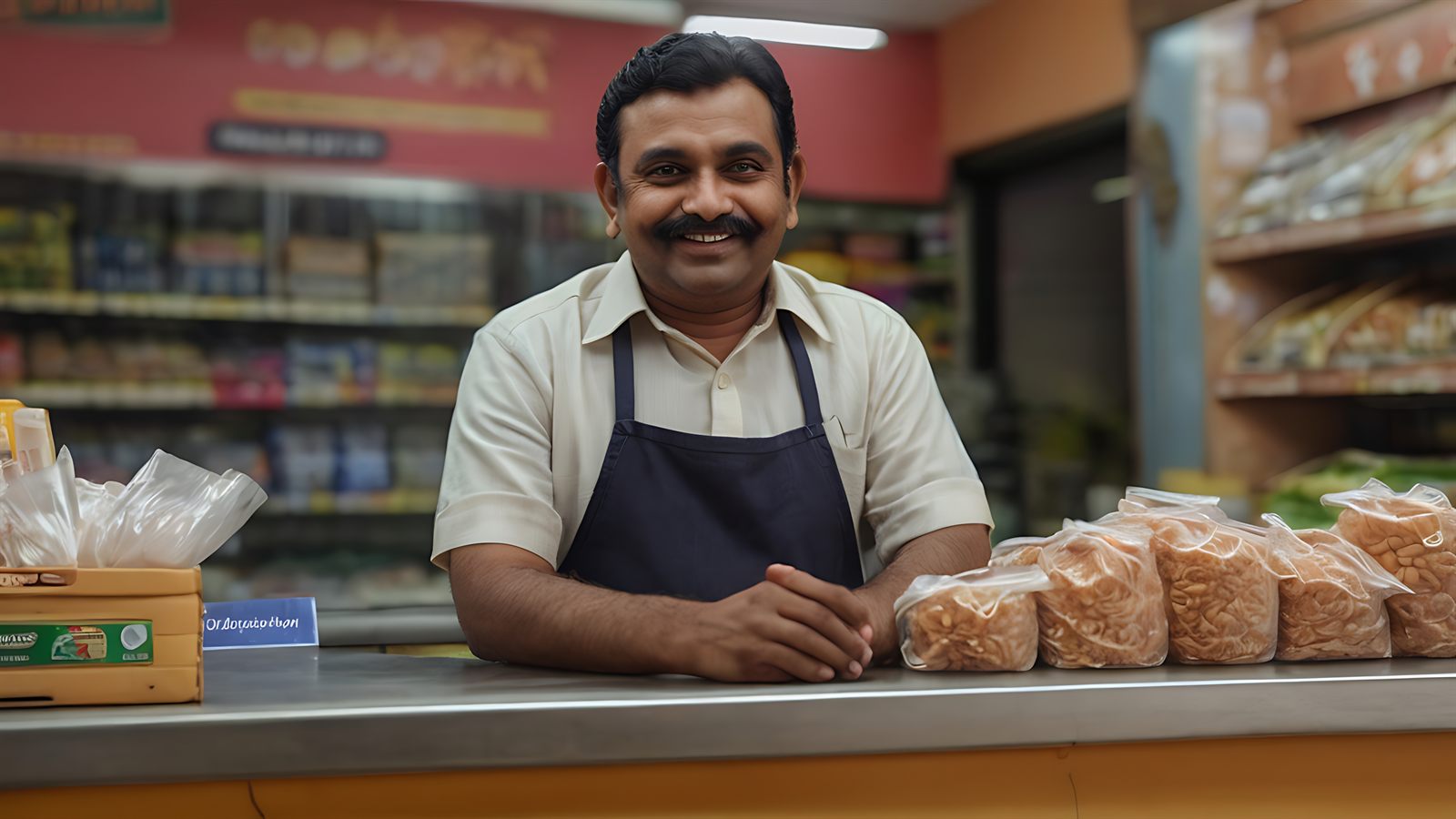 A kirana store owner at his cash counter in India