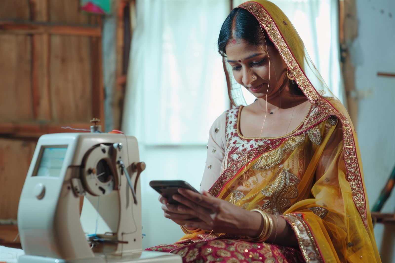 A small manufacturing owner in India at her machine with her phone