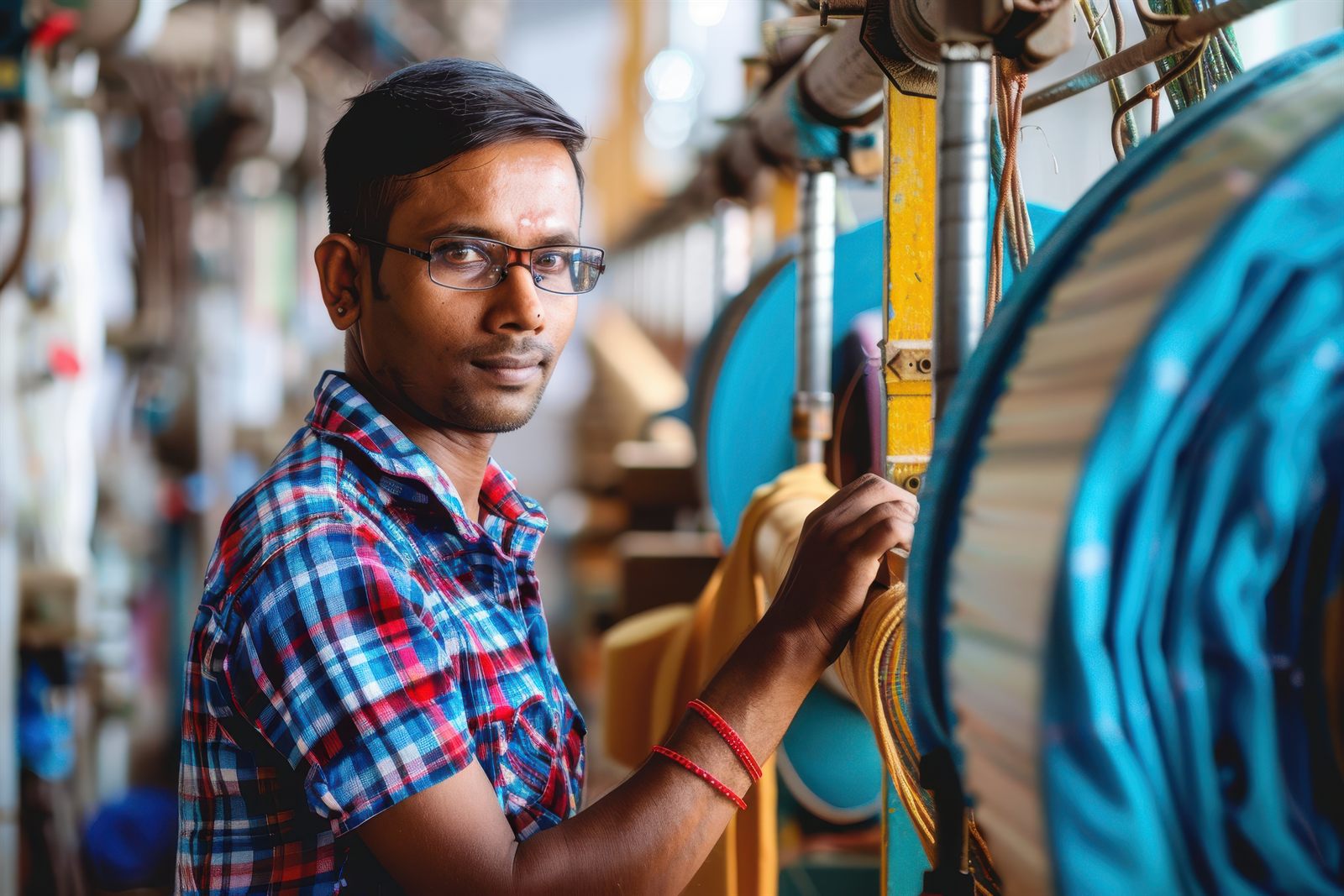 A worker on the floor of a textile unit in India