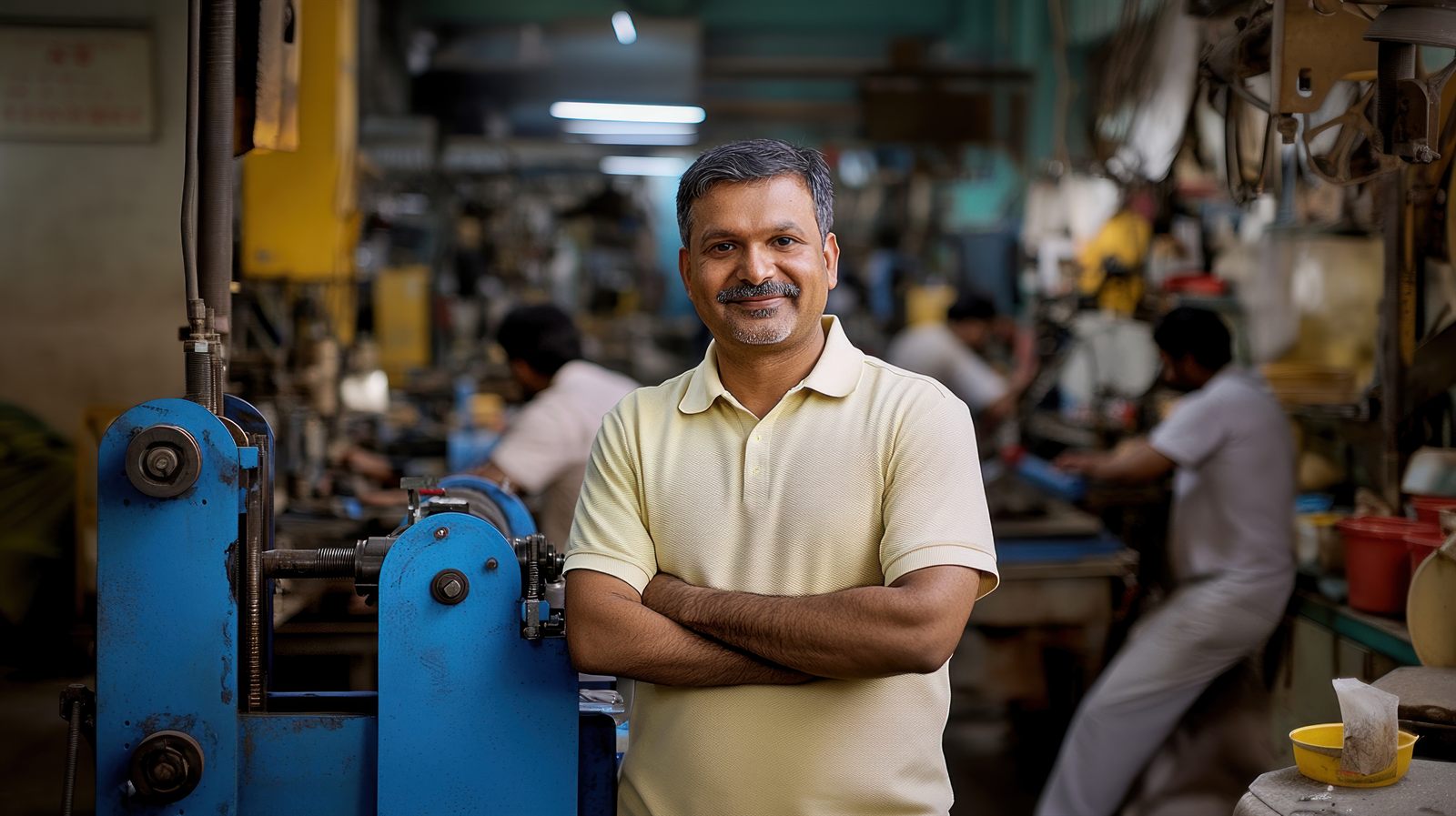 A workshop owner standing among his machines in India