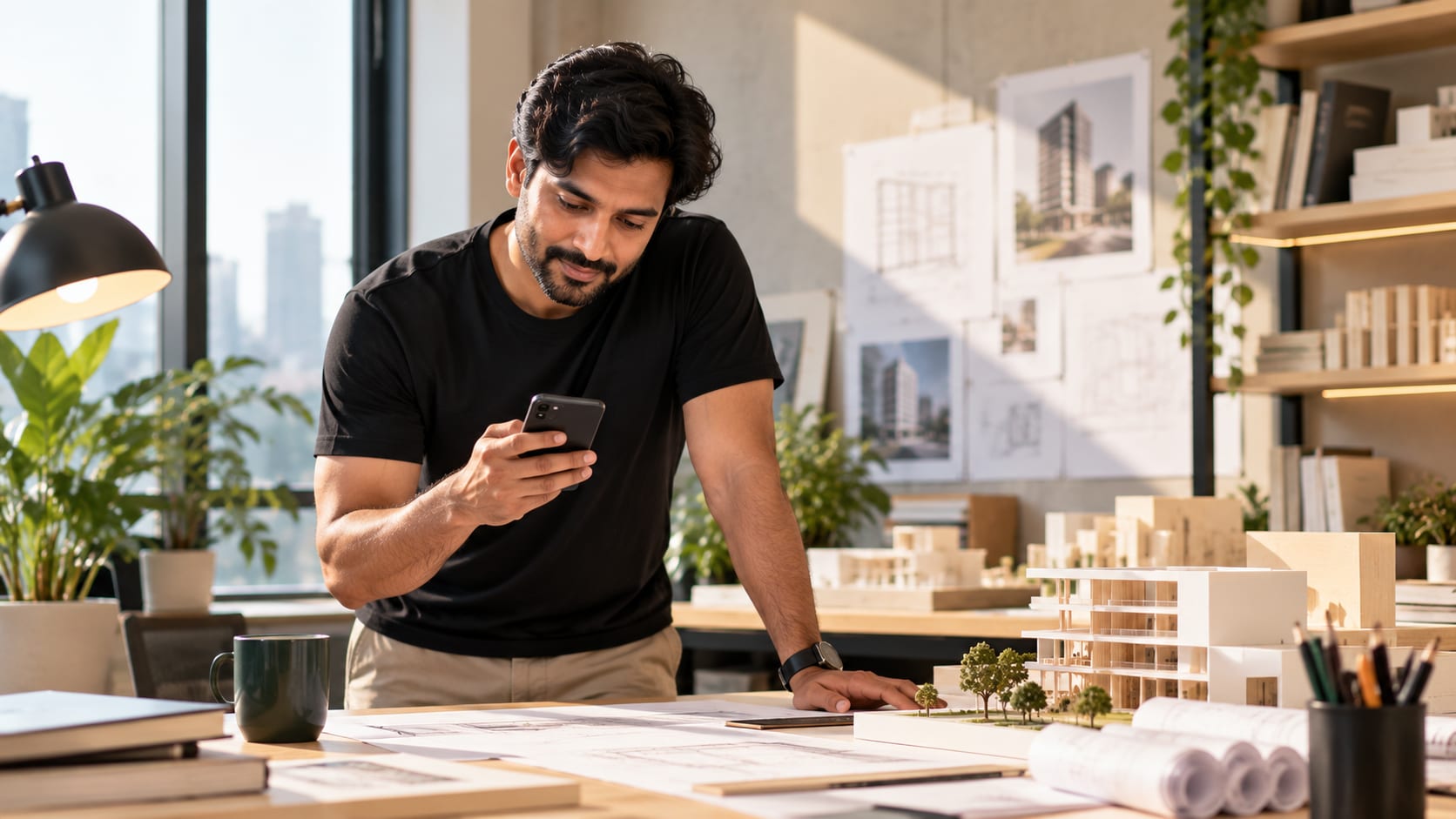 An architect checking his phone while leaning over his studio desk