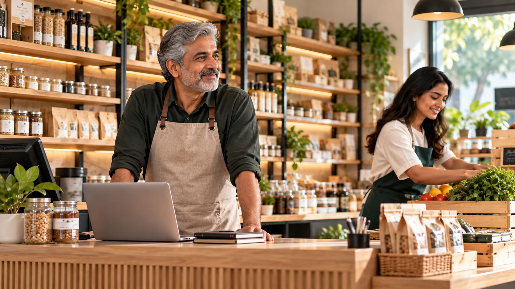 A long-time store owner at his counter with a colleague stocking shelves