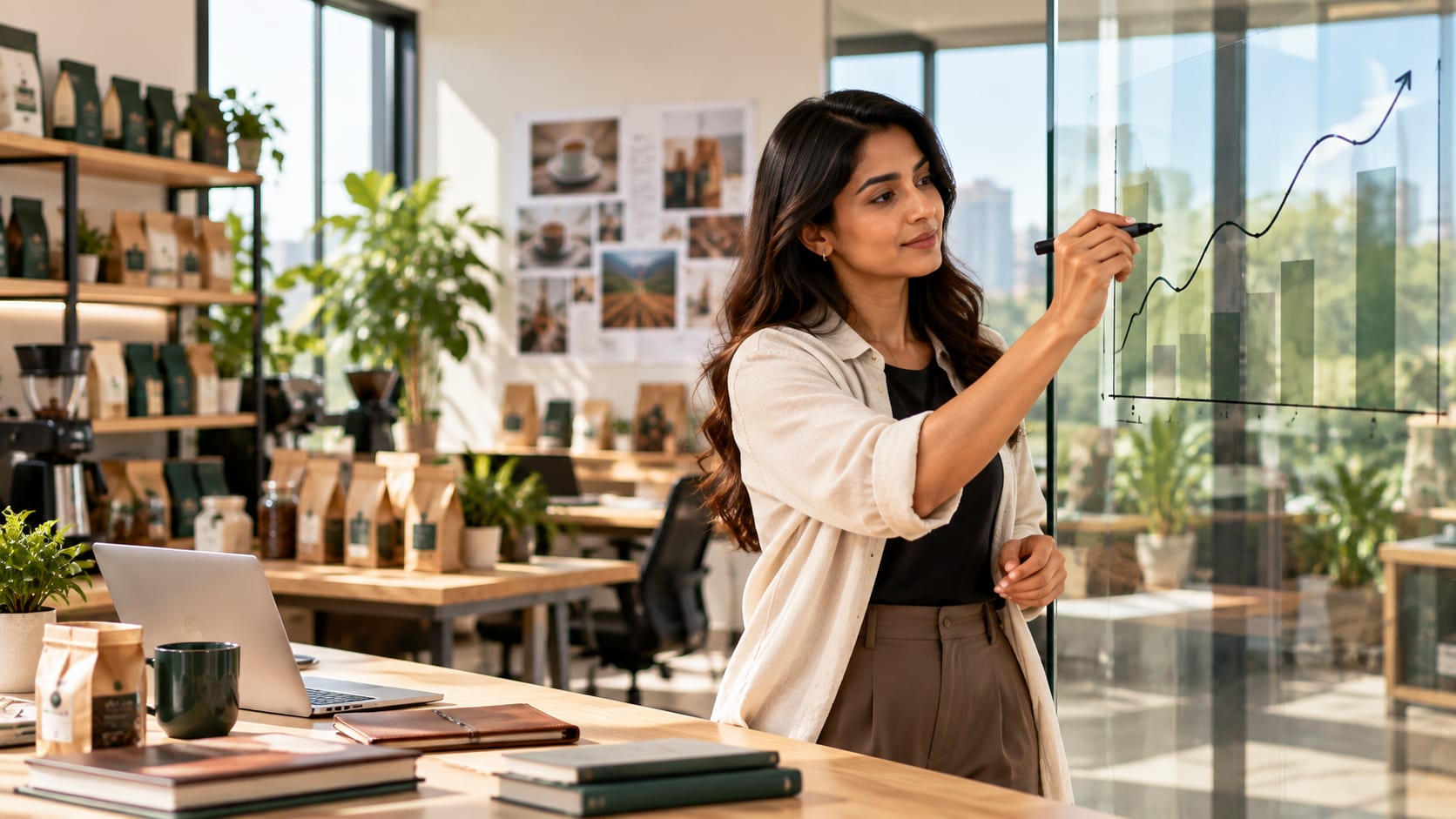 A business owner sketching a growth chart on a glass wall in her studio
