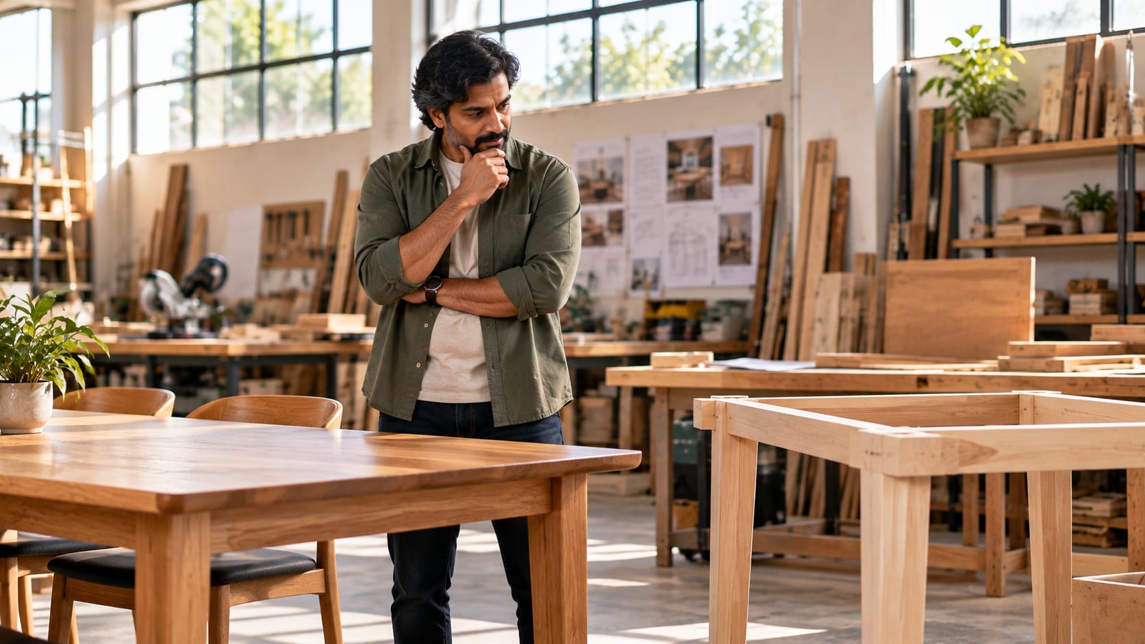 A furniture workshop owner thinking it over among his tables