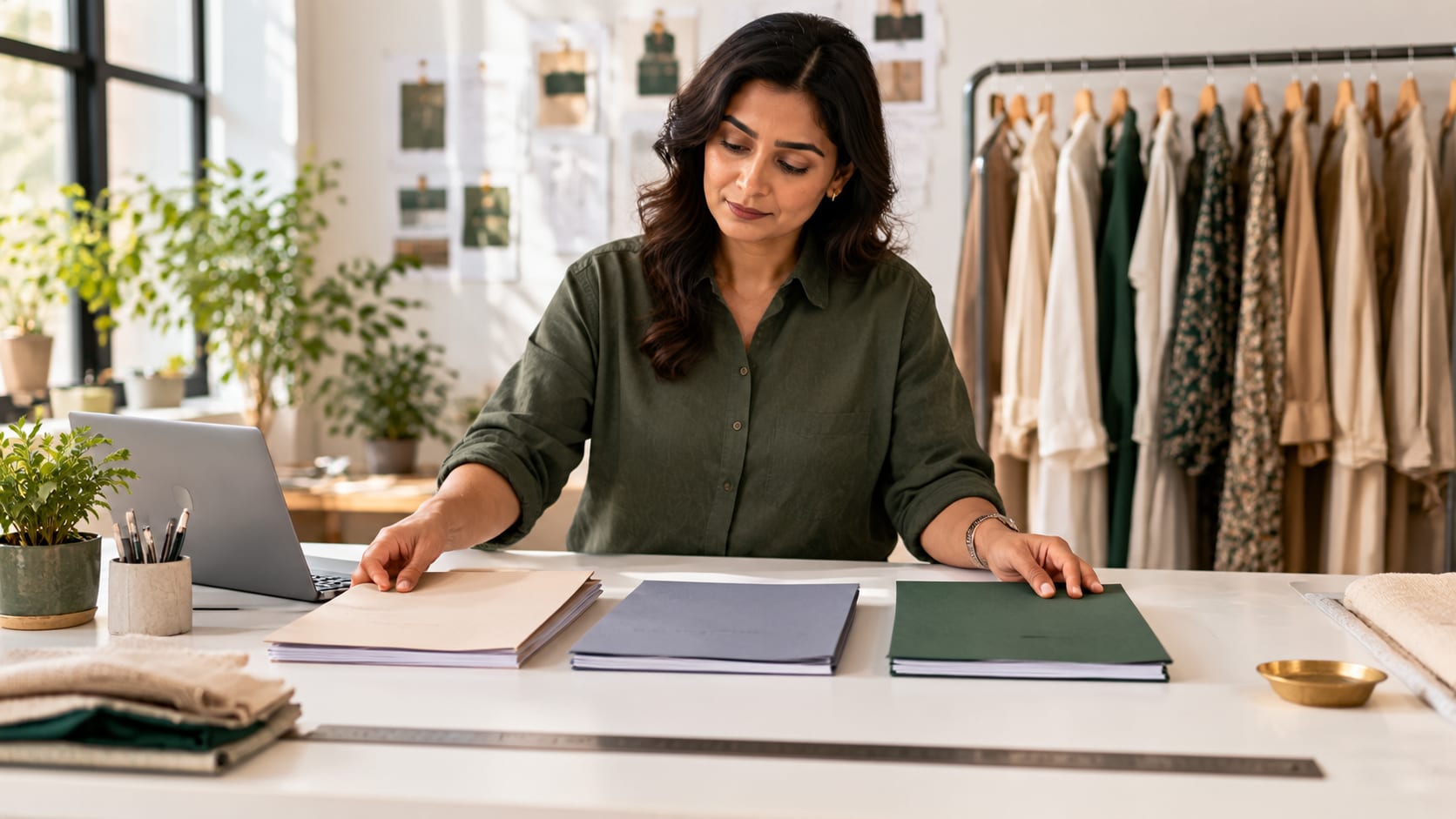 A clothing business owner laying out three document folders side by side