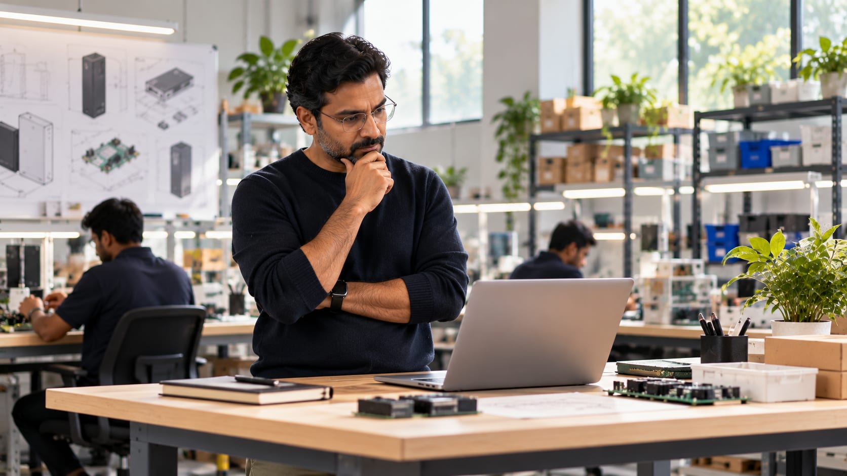 A manufacturer weighing the numbers at his laptop on the workshop floor