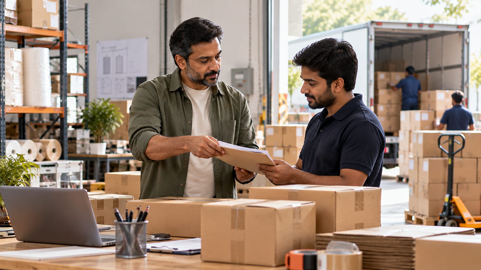 A warehouse owner handing an invoice to a colleague beside packed cartons