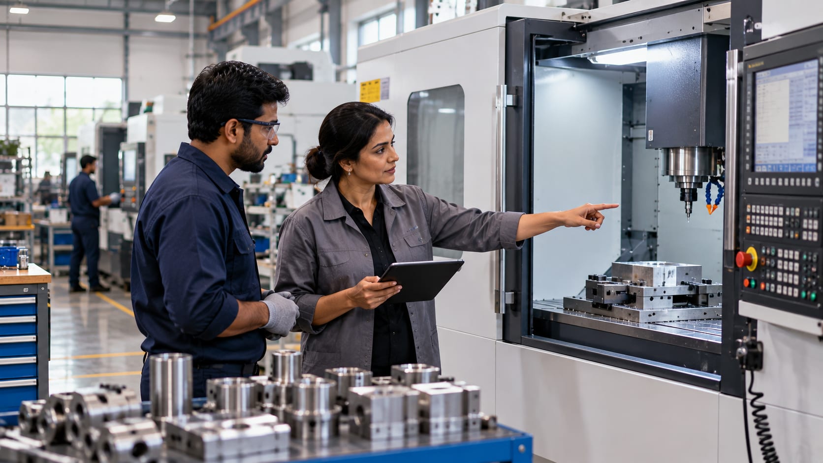 Two engineers discussing a CNC machine on the factory floor