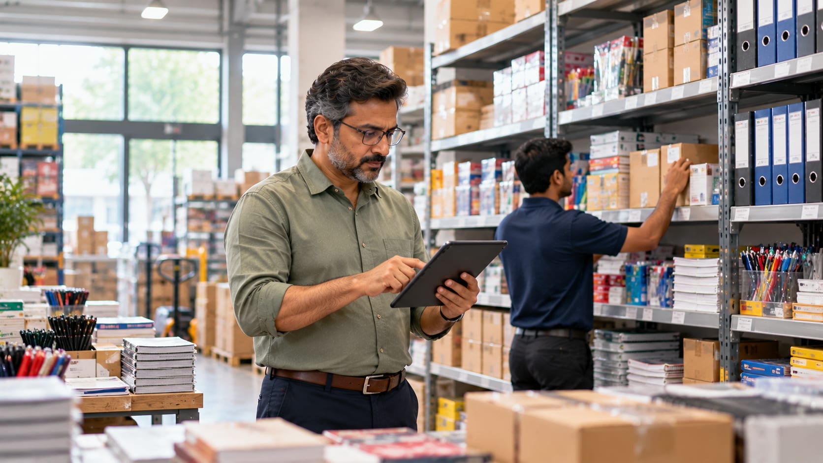 A stationery wholesaler checking stock on a tablet in his store