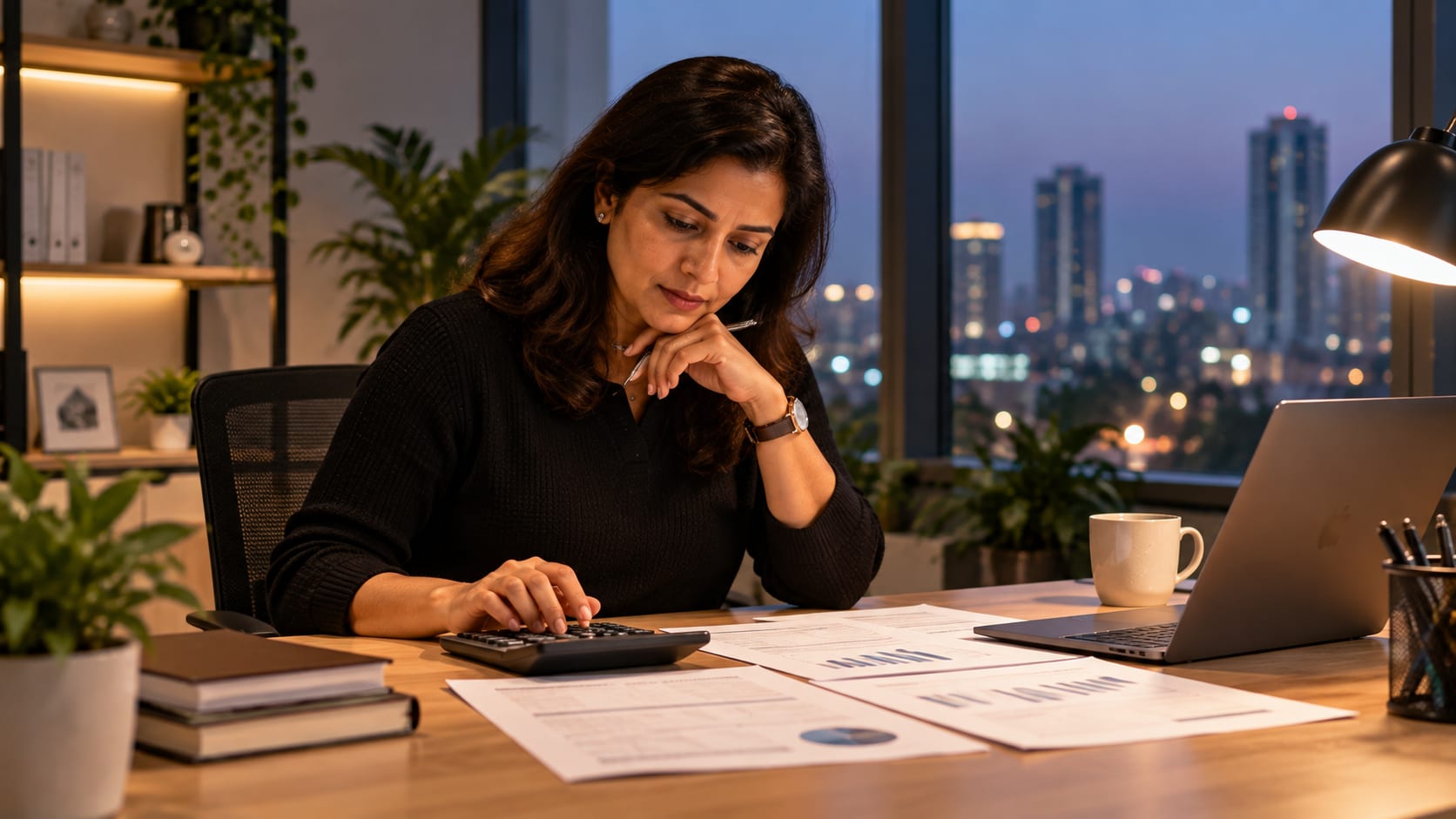 A business owner working through loan figures on a calculator at night