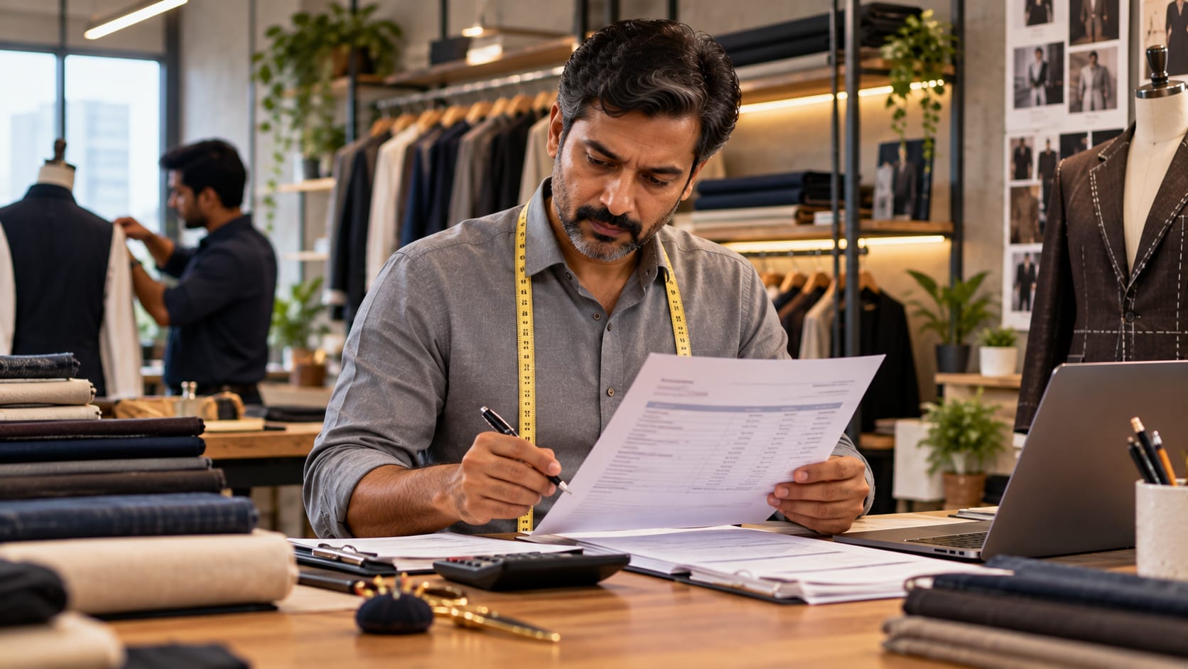 A tailoring business owner reading a bank statement at his desk