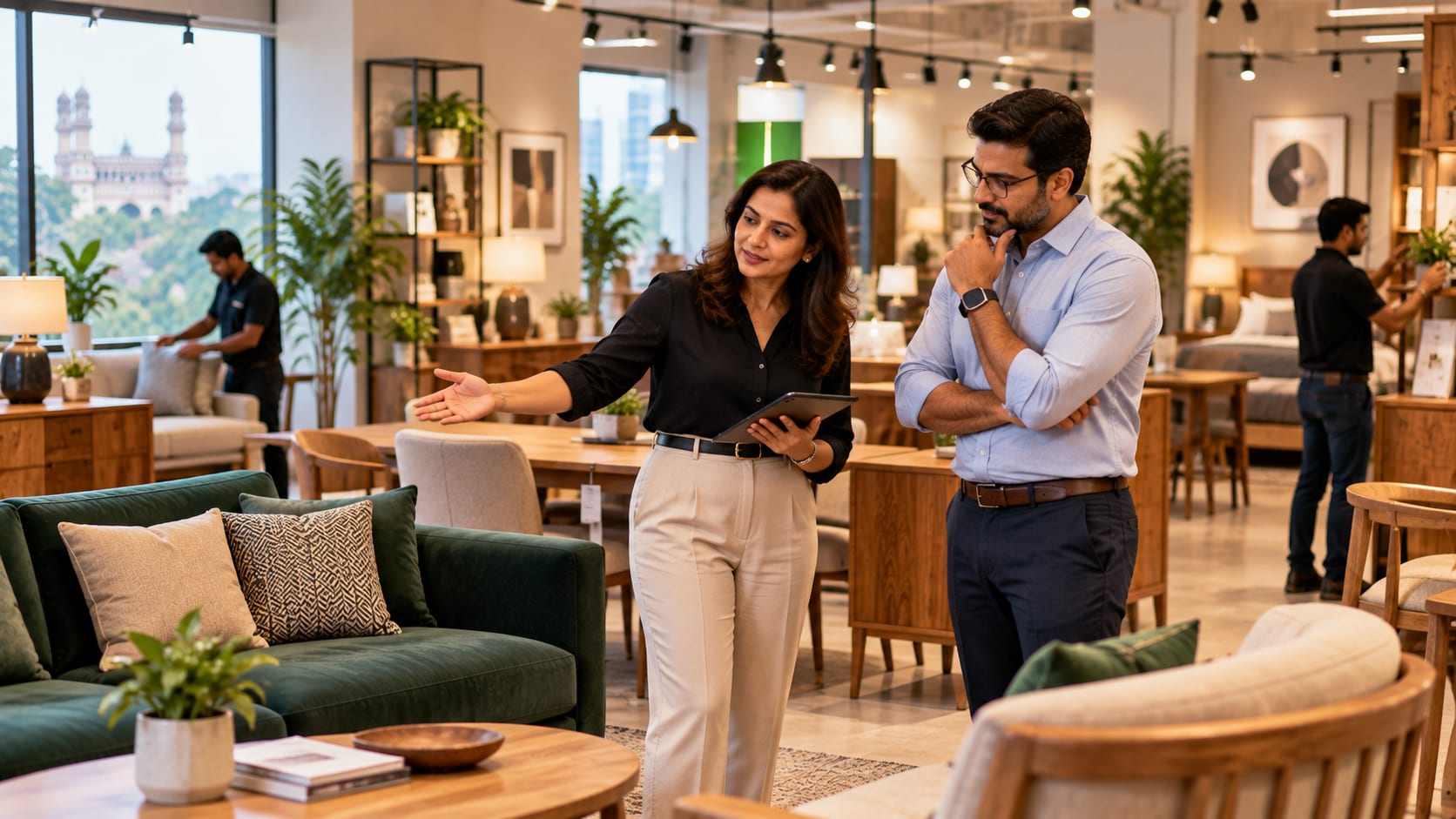 Two furniture showroom owners planning the floor together