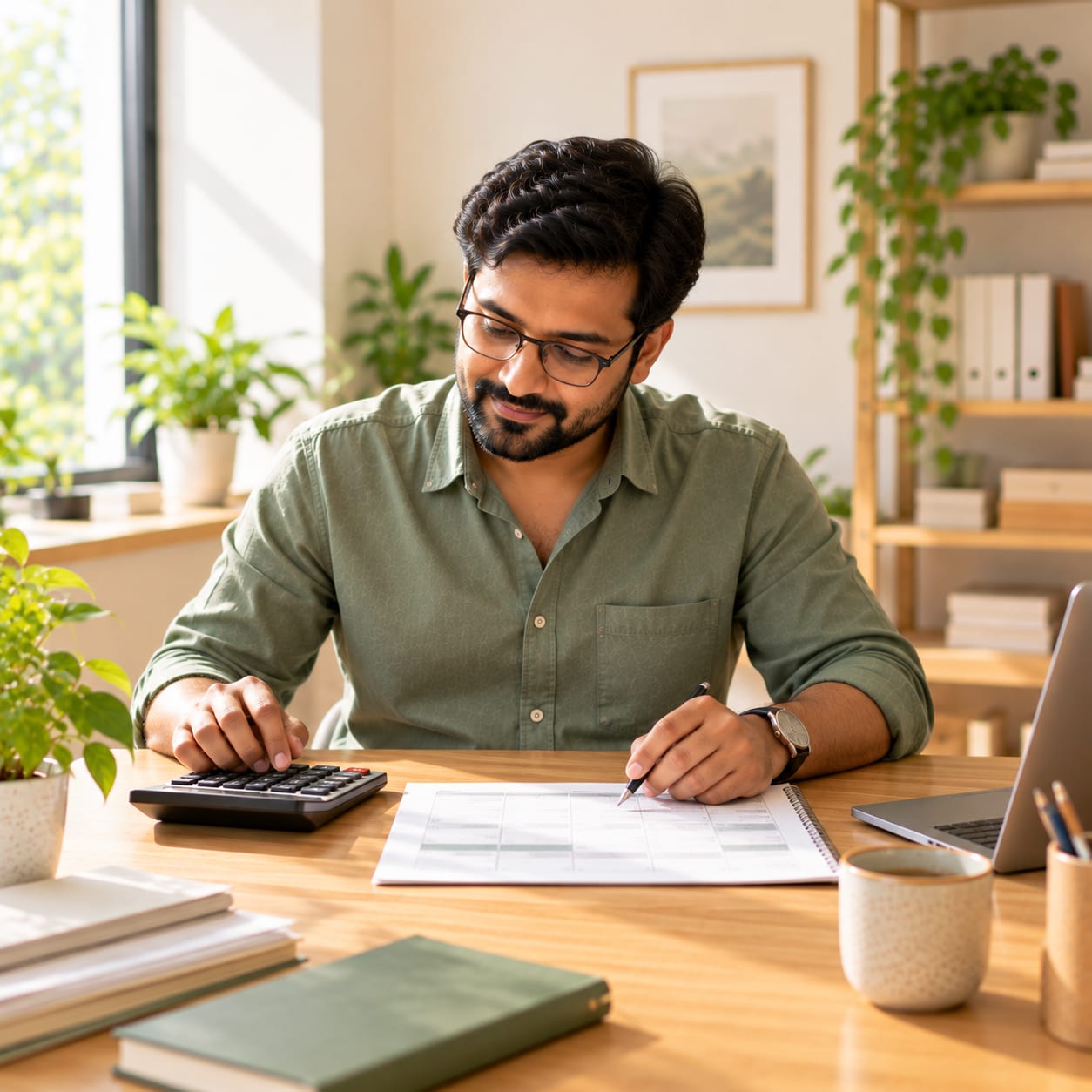 A business owner working out his monthly instalment on a calculator at his desk