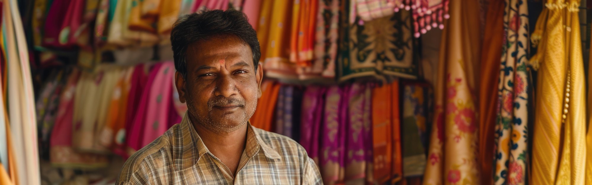 An Indian textile shop owner in his fabric store