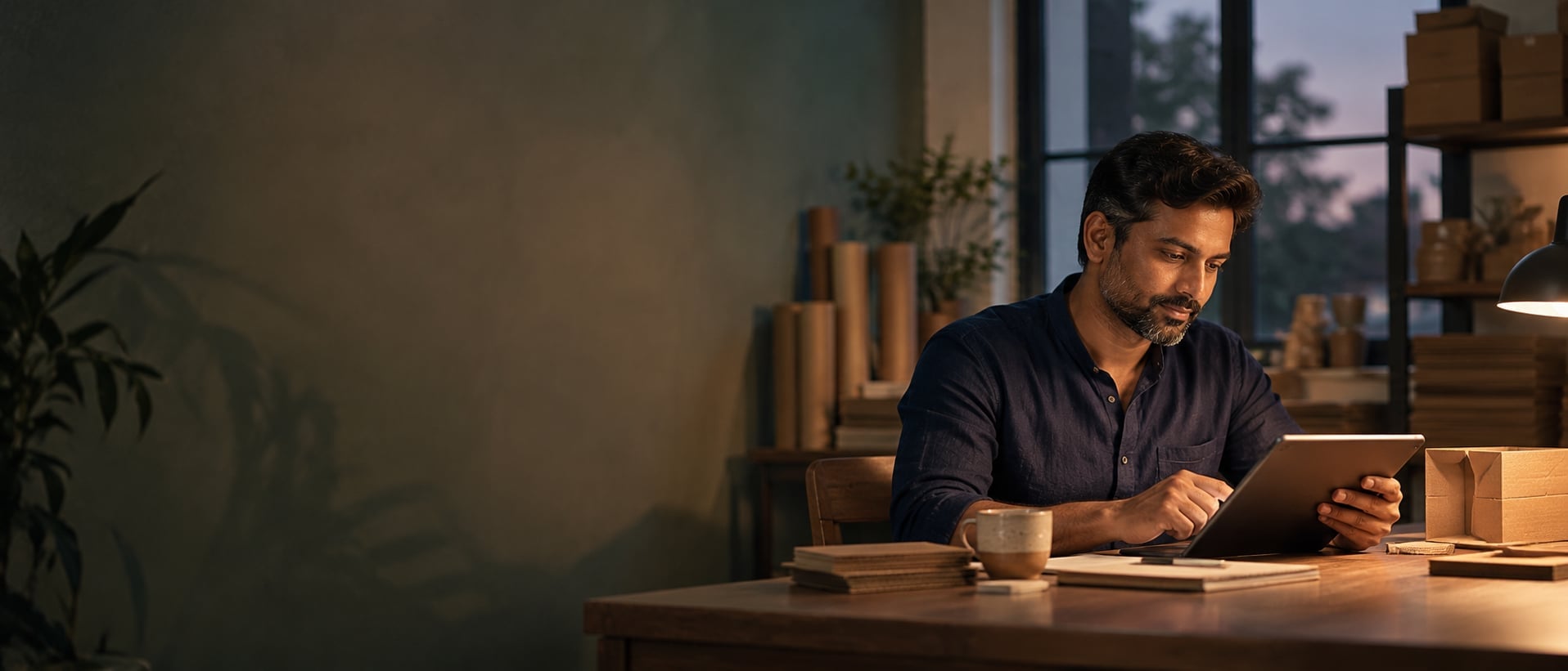 A business owner checking orders on a tablet at his packaging workspace in the evening