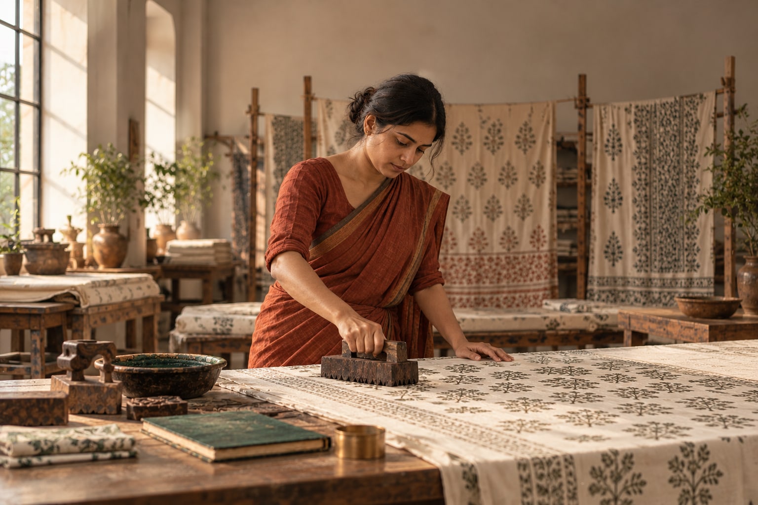 A textile artisan hand block printing cotton fabric in her workshop