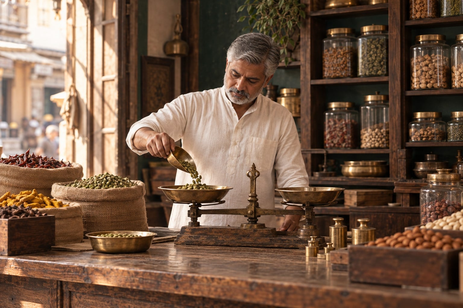 A spice trader weighing cardamom on a brass scale in his shop