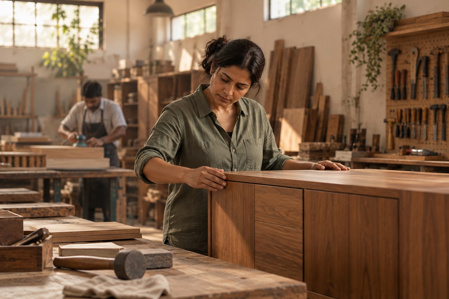 A furniture maker checking the finish on a wooden cabinet in her workshop