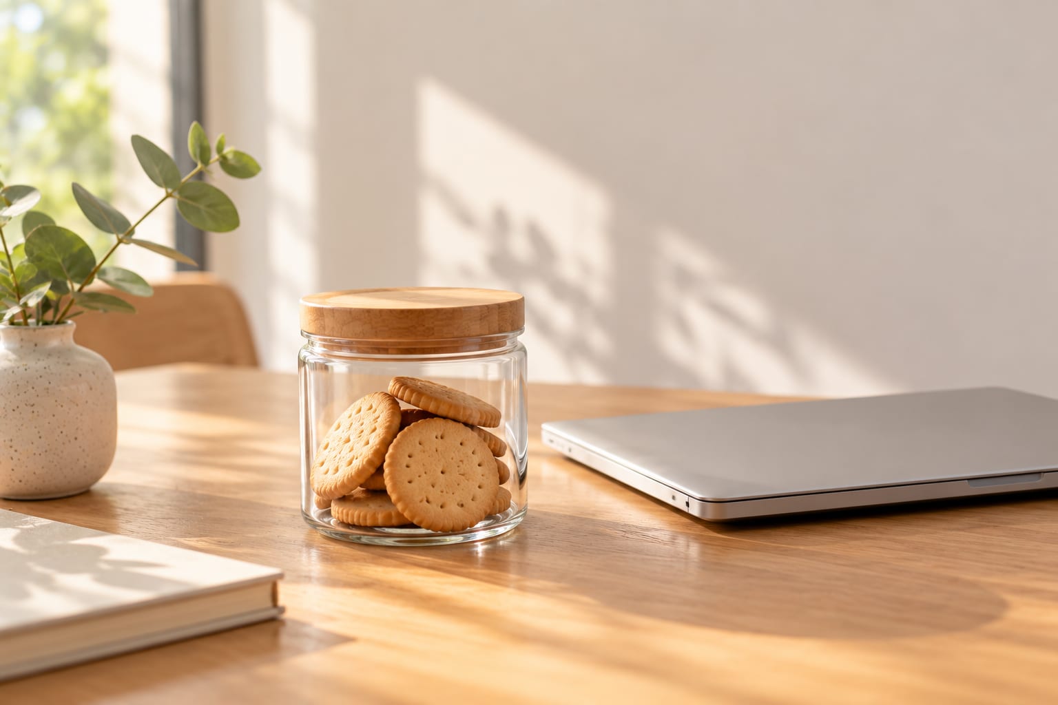 A glass jar of biscuits beside a closed laptop on a sunlit desk