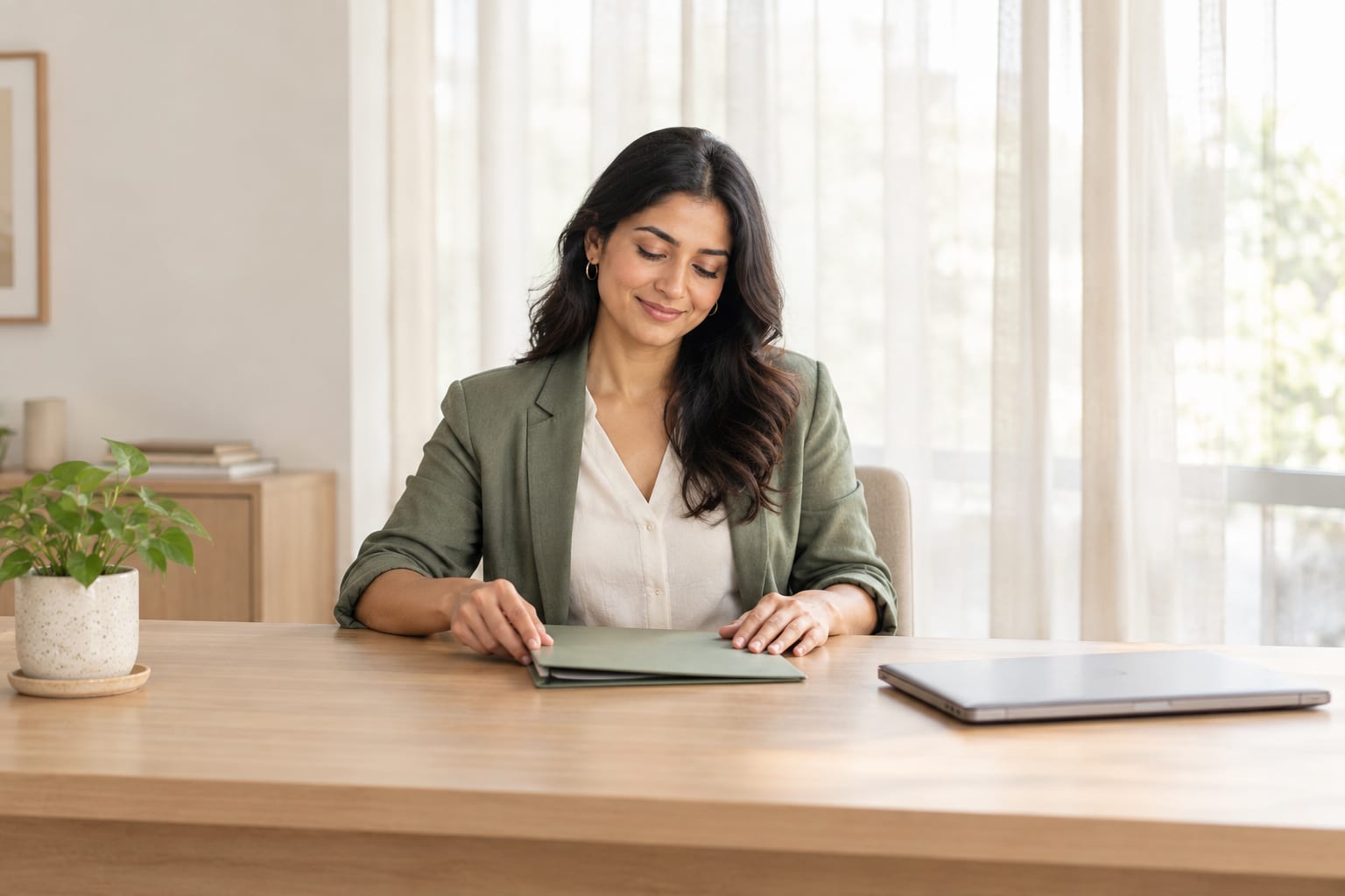 A business owner at her desk closing a green folder in a quiet, sunlit office