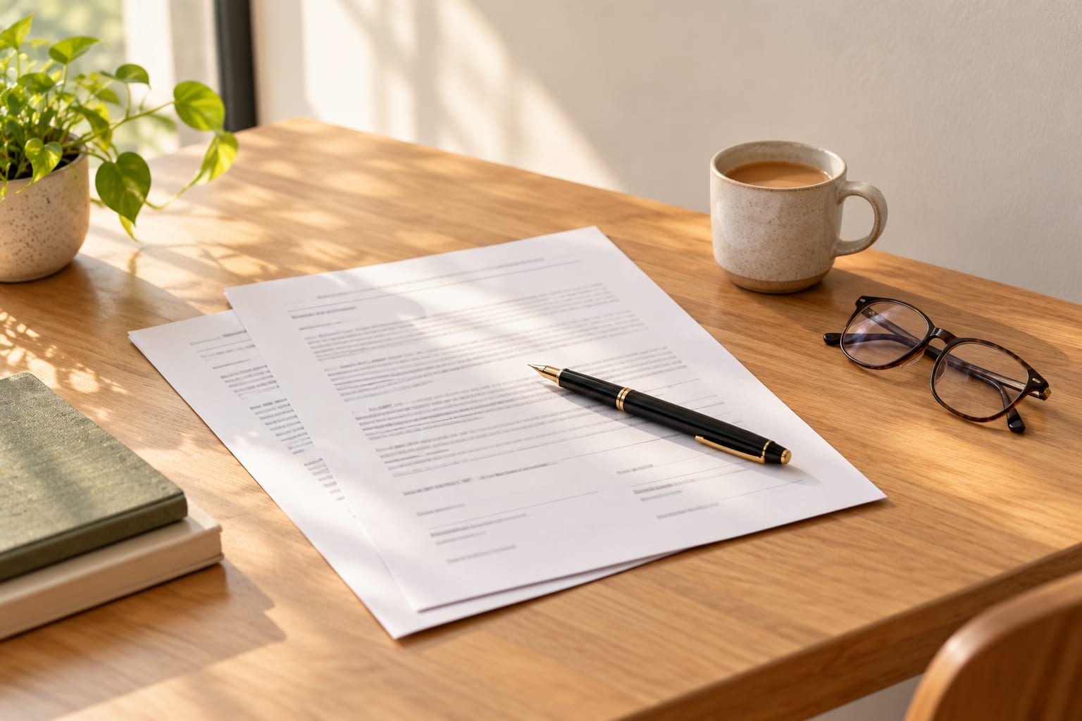 A printed agreement with a pen, reading glasses and a cup of tea on an oak desk