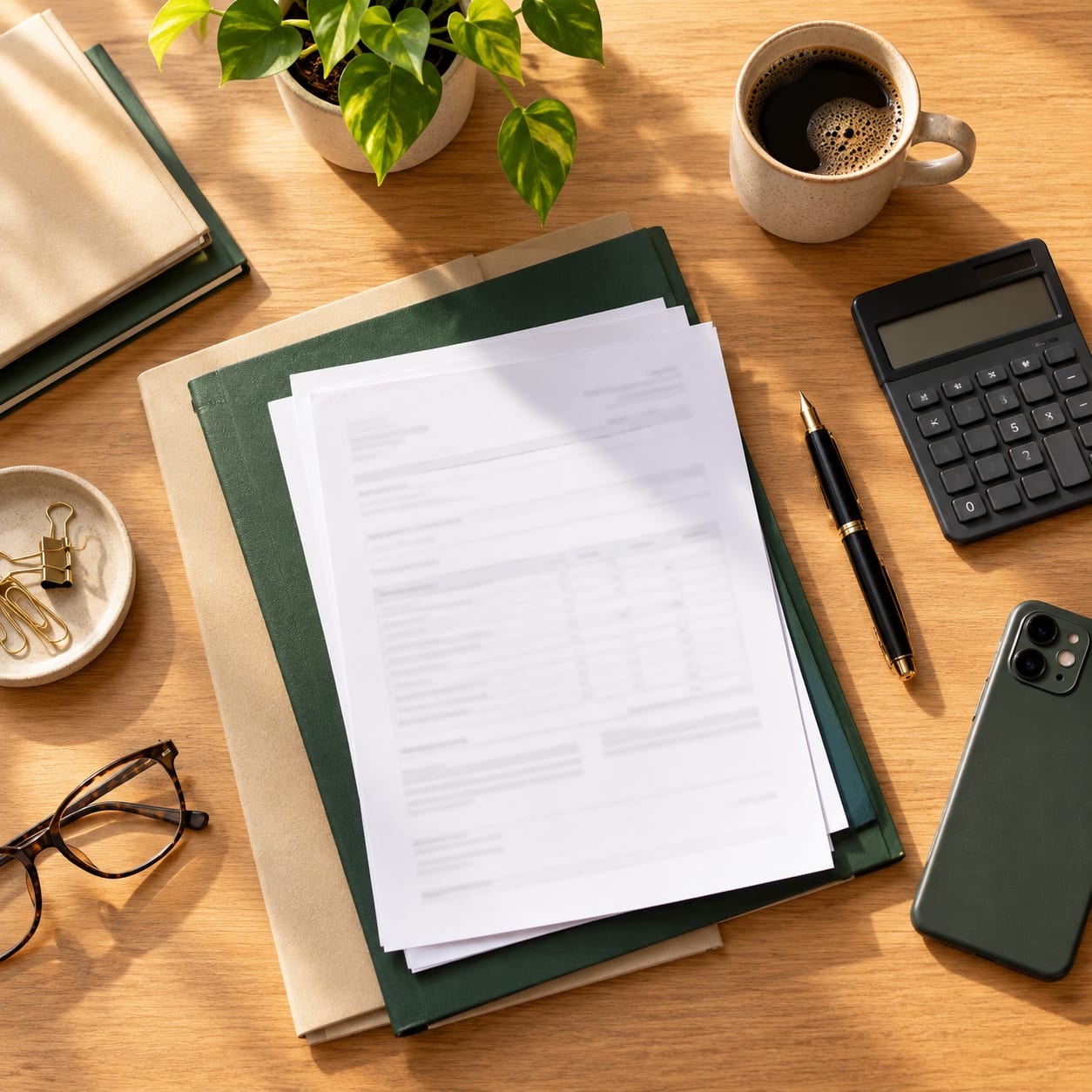 Business documents in folders on a desk beside a calculator and pen