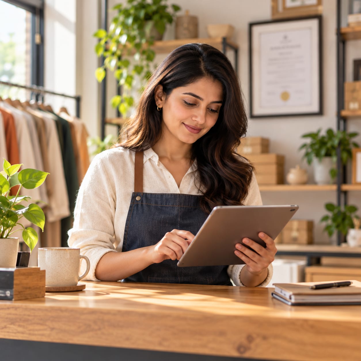 A business owner checking details on a tablet at her shop counter