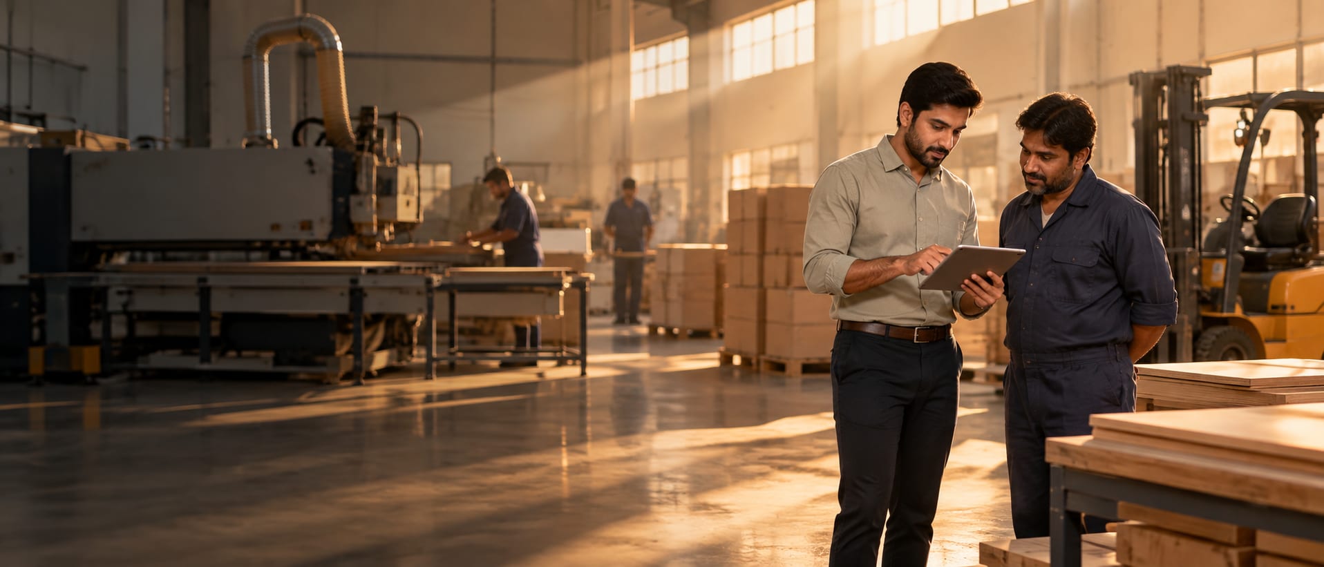 A business owner and an advisor reviewing figures on a tablet on a factory floor