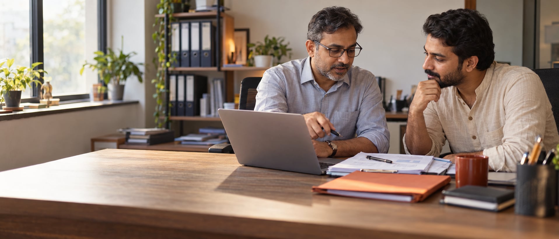 A chartered accountant reviewing a business's financials with a client at their office desk
