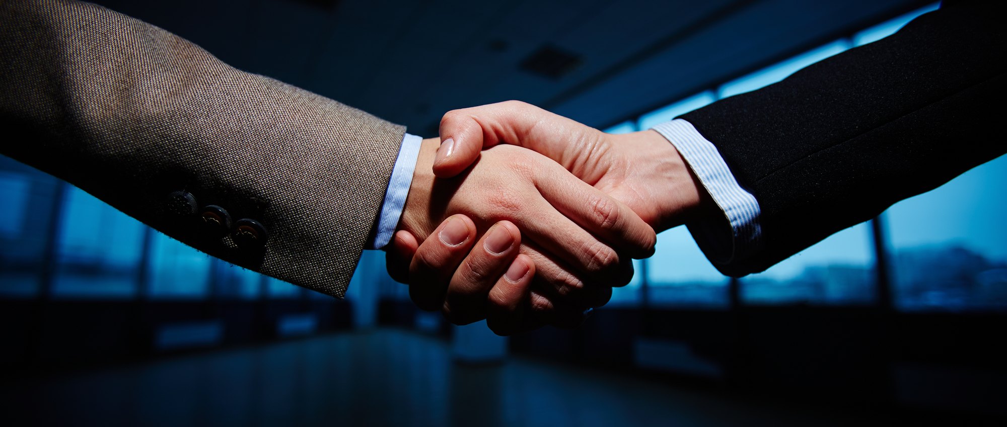 Close-up of two businessmen shaking hands to seal a deal in an office