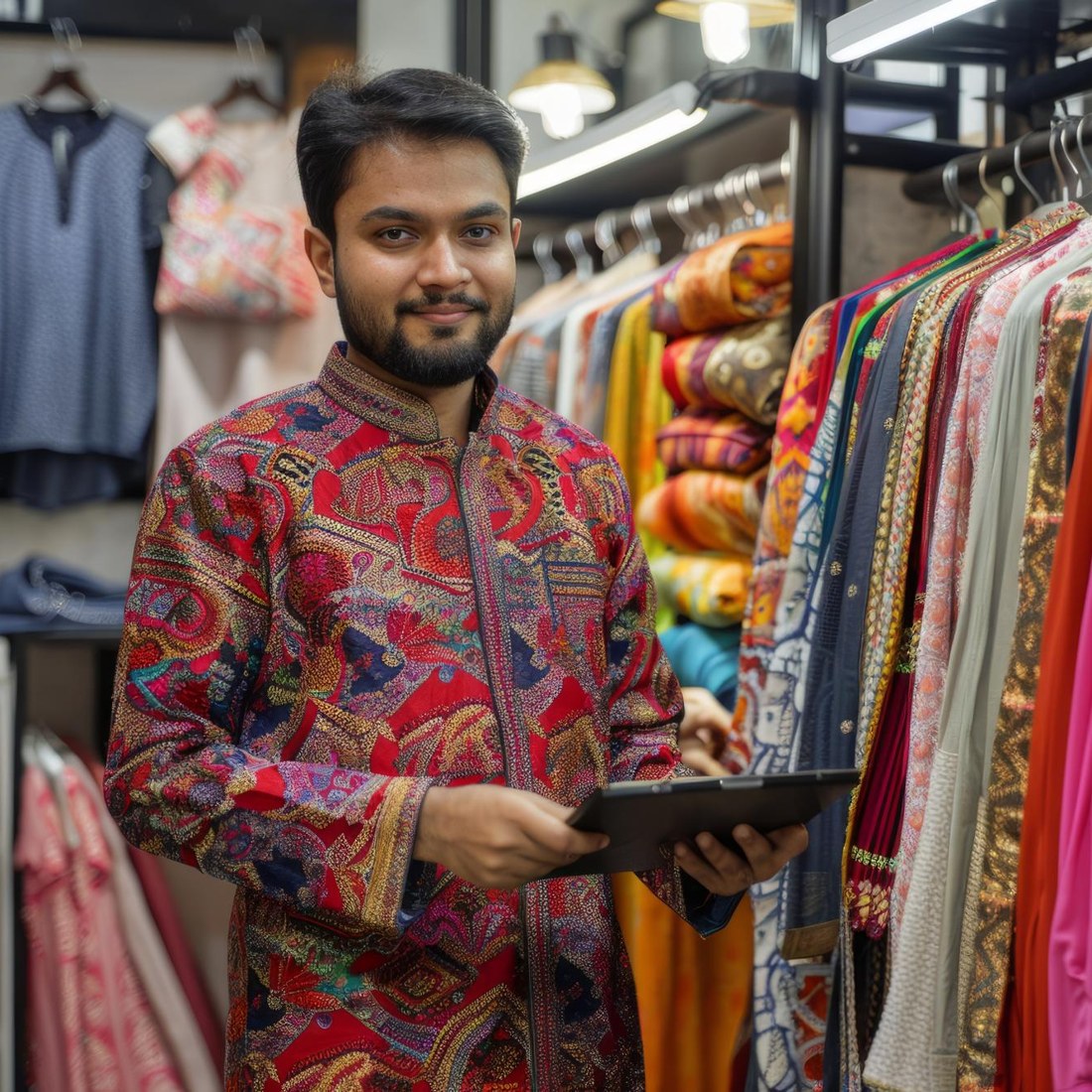 Illustrative: an online seller managing apparel stock on a tablet